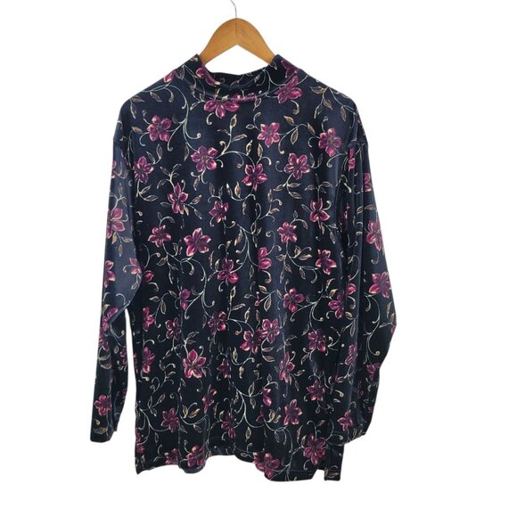 Vtg Velvet Mock Neck Top Plus 18/20 2X Floral Stretch Black Velour Long Sleeve - Picture 4 of 5